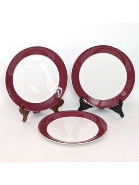 Syracuse China Syralite 10.50" Dinner Plates White Burgundy Red Rim Set Of 3